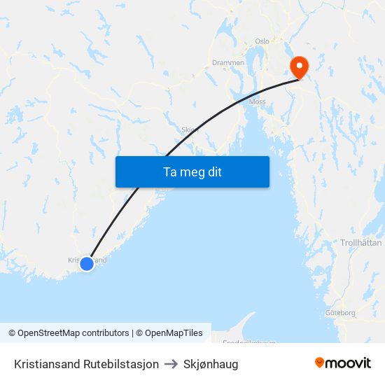 Kristiansand Rutebilstasjon to Skjønhaug map