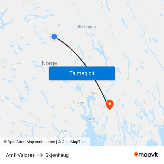 Amfi Valdres to Skjønhaug map