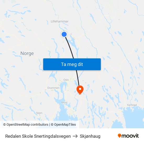 Redalen Skole Snertingdalsvegen to Skjønhaug map