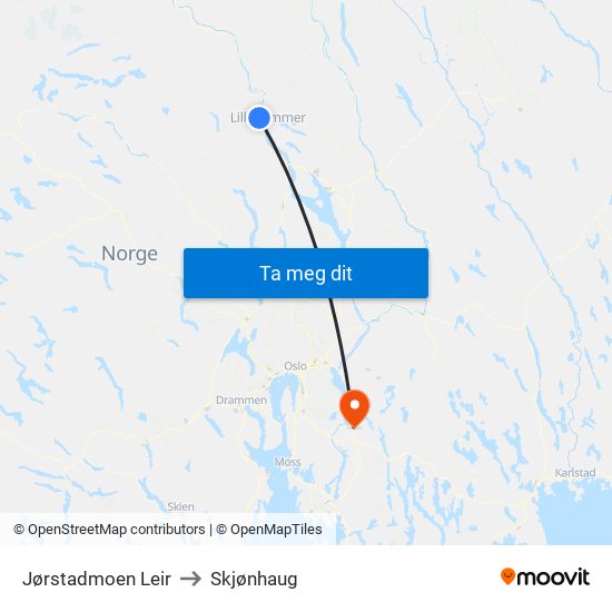 Jørstadmoen Leir to Skjønhaug map