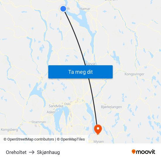 Oreholtet to Skjønhaug map