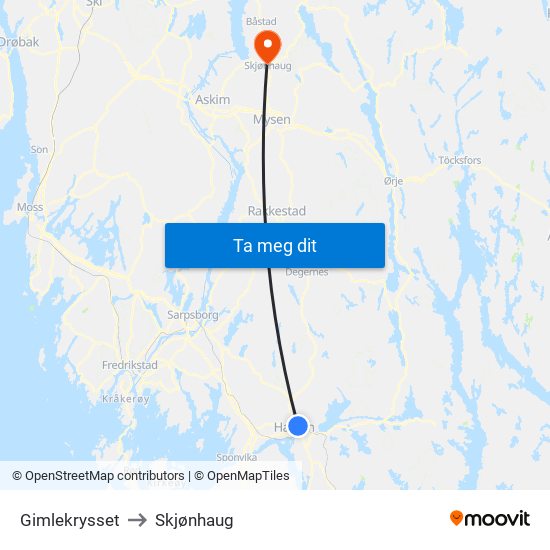 Gimlekrysset to Skjønhaug map