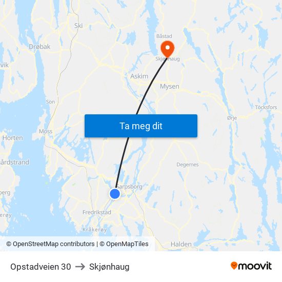Opstadveien 30 to Skjønhaug map
