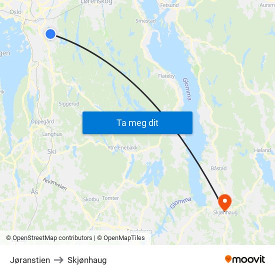 Jøranstien to Skjønhaug map