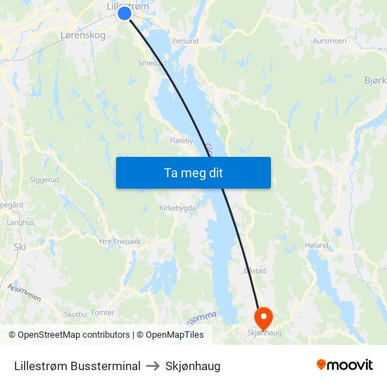 Lillestrøm Bussterminal to Skjønhaug map