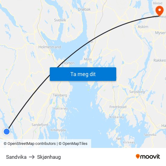 Sandvika to Skjønhaug map