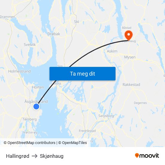 Hallingrød to Skjønhaug map