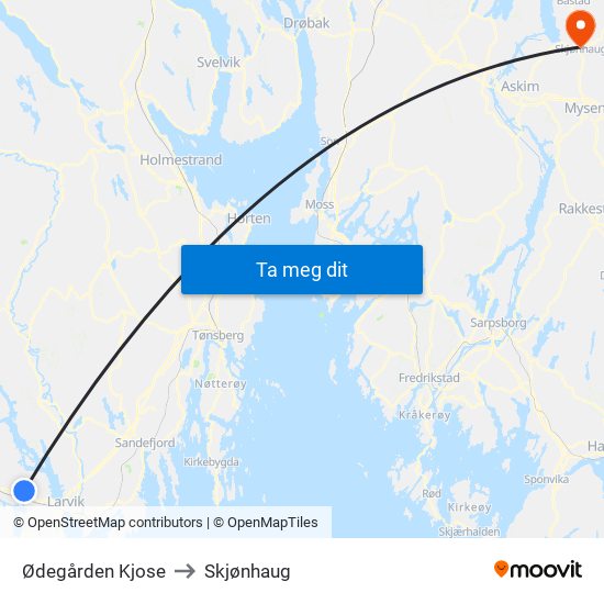 Ødegården Kjose to Skjønhaug map