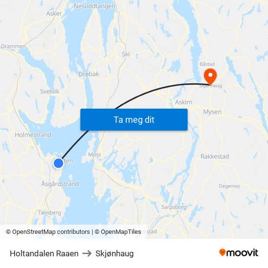 Holtandalen Raaen to Skjønhaug map