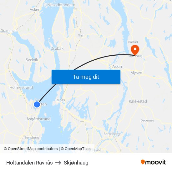 Holtandalen Ravnås to Skjønhaug map