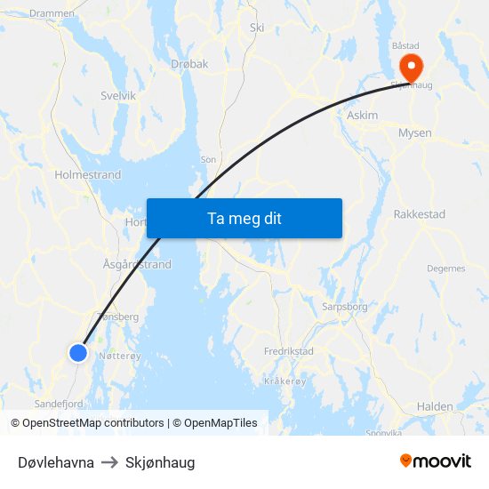 Døvlehavna to Skjønhaug map