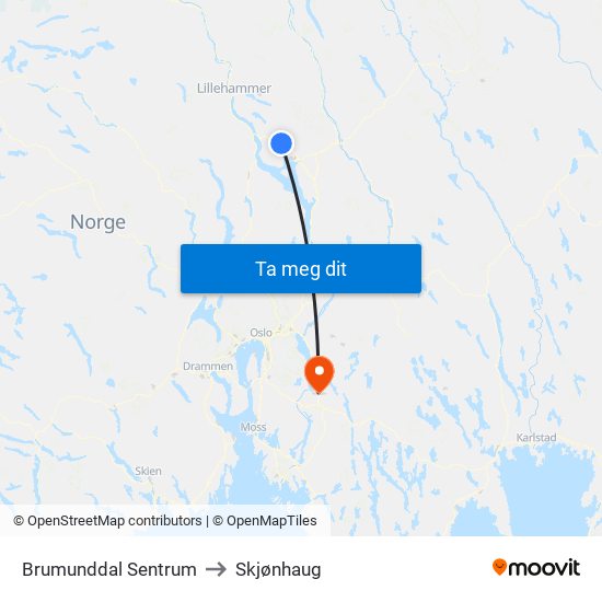 Brumunddal Sentrum to Skjønhaug map