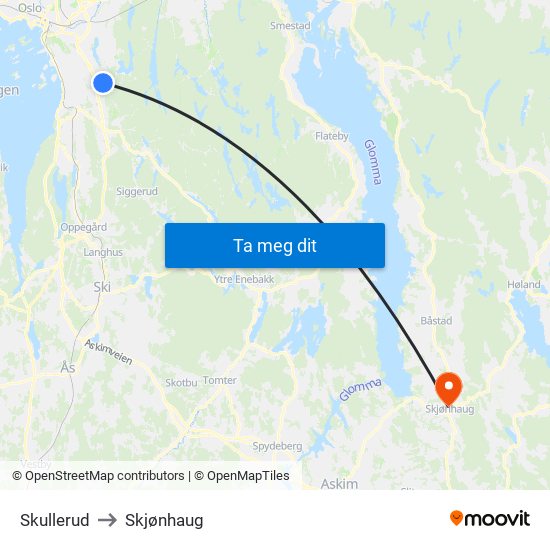 Skullerud to Skjønhaug map