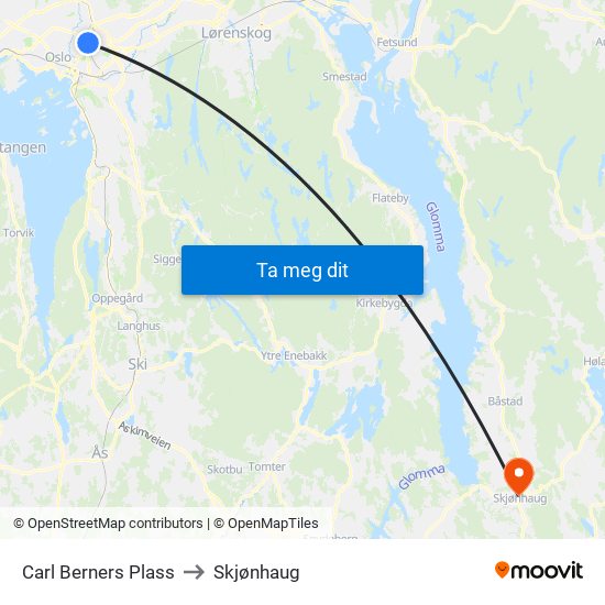Carl Berners Plass to Skjønhaug map