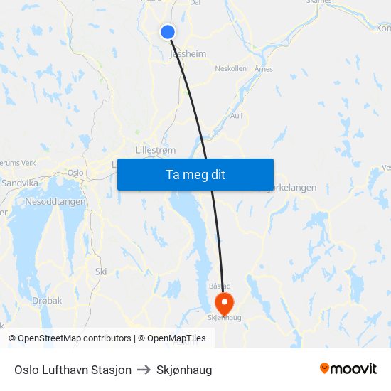 Oslo Lufthavn Stasjon to Skjønhaug map