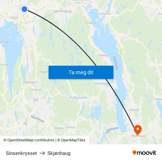 Sinsenkrysset to Skjønhaug map