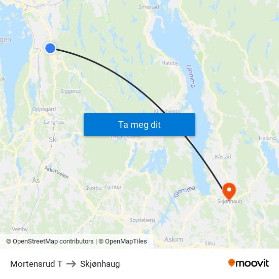 Mortensrud T to Skjønhaug map