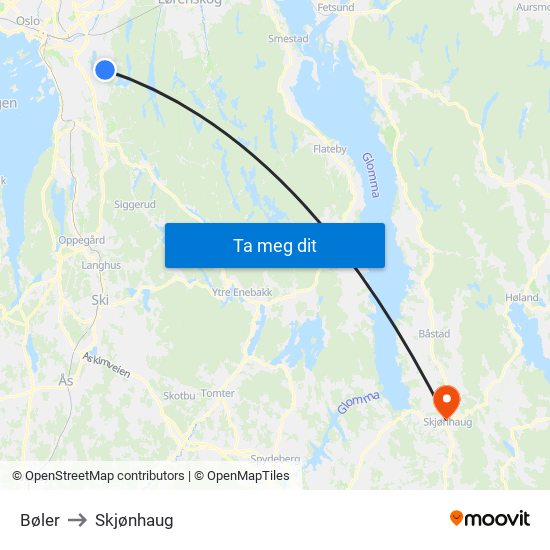 Bøler to Skjønhaug map