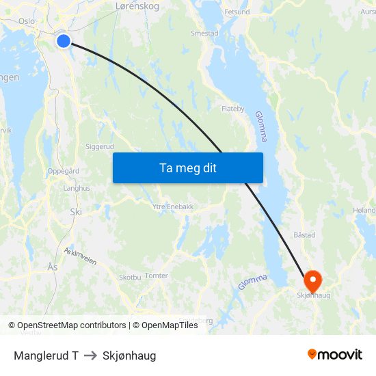 Manglerud T to Skjønhaug map