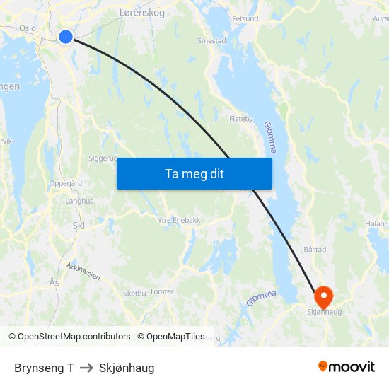 Brynseng T to Skjønhaug map