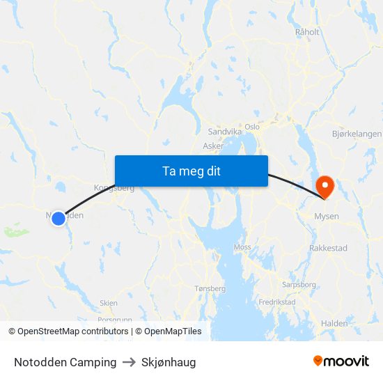 Notodden Camping to Skjønhaug map