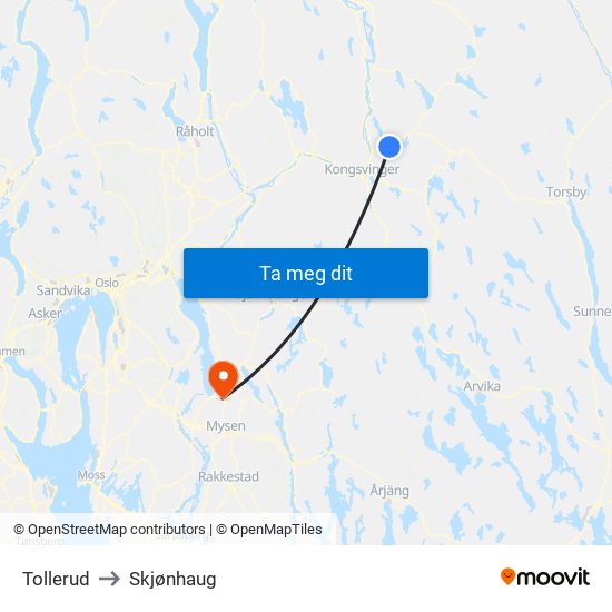 Tollerud to Skjønhaug map