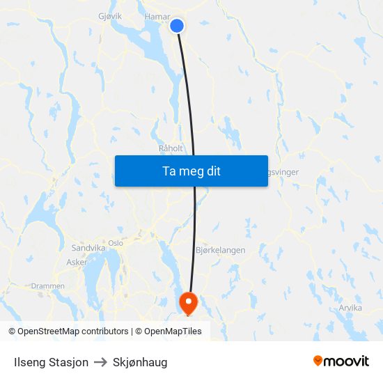 Ilseng Stasjon to Skjønhaug map