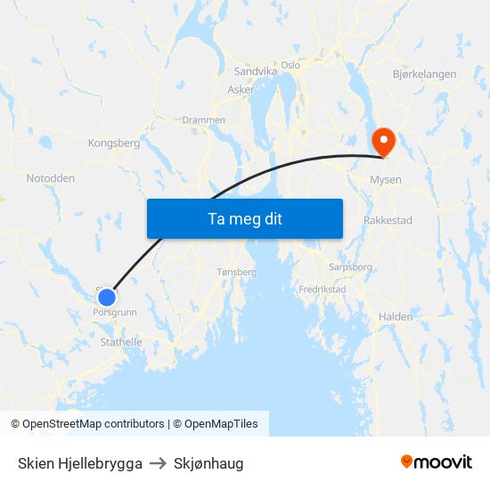 Skien Hjellebrygga to Skjønhaug map