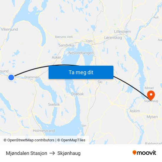 Mjøndalen Stasjon to Skjønhaug map