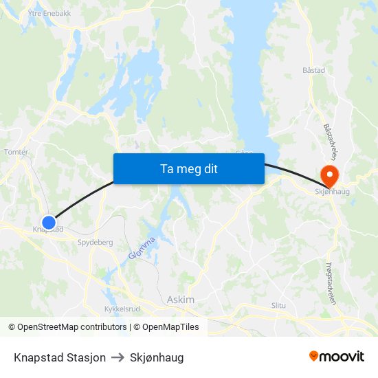 Knapstad Stasjon to Skjønhaug map