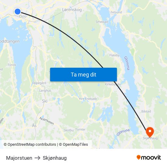 Majorstuen to Skjønhaug map