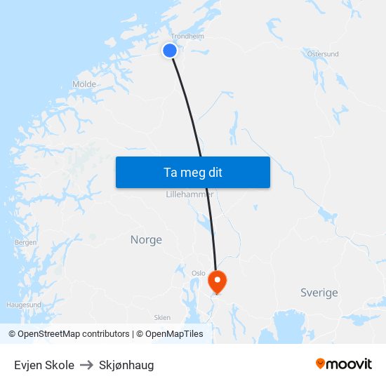 Evjen Skole to Skjønhaug map