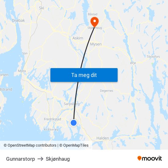 Gunnarstorp to Skjønhaug map