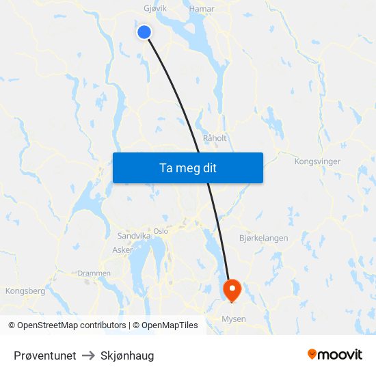 Prøventunet to Skjønhaug map