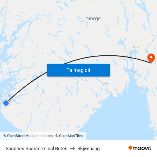 Sandnes Bussterminal Ruten to Skjønhaug map