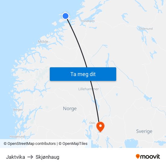 Jaktvika to Skjønhaug map