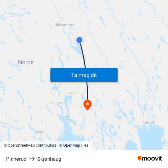 Pinnerud to Skjønhaug map