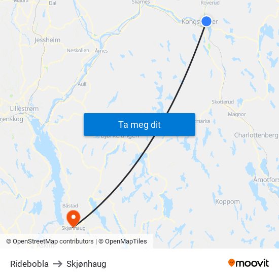 Ridebobla to Skjønhaug map