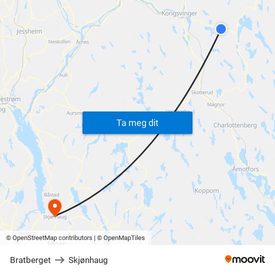 Bratberget to Skjønhaug map