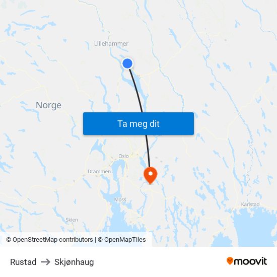 Rustad to Skjønhaug map