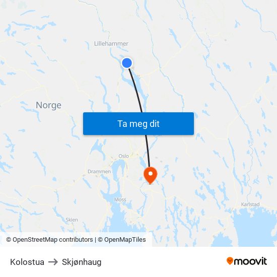 Kolostua to Skjønhaug map