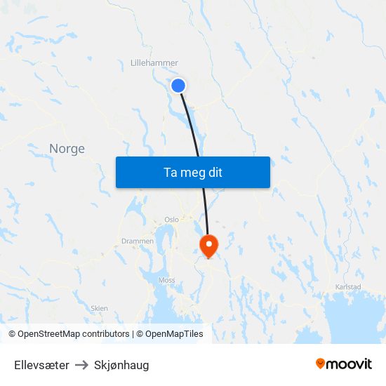 Ellevsæter to Skjønhaug map