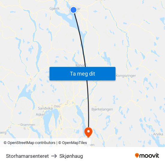 Storhamarsenteret to Skjønhaug map
