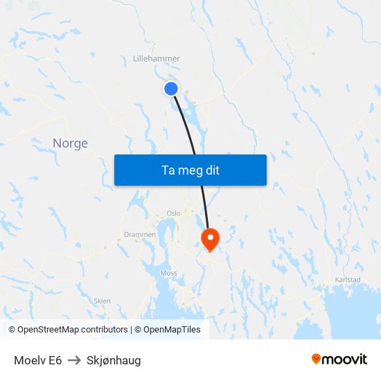 Moelv E6 to Skjønhaug map