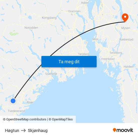 Høgtun to Skjønhaug map