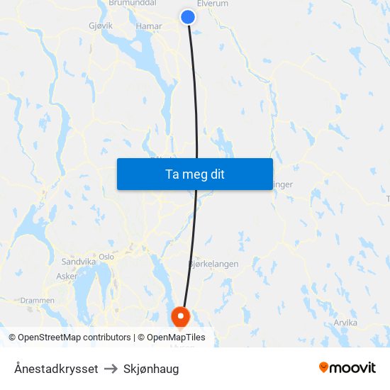 Ånestadkrysset to Skjønhaug map
