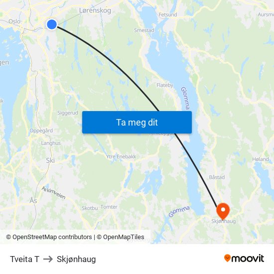 Tveita T to Skjønhaug map