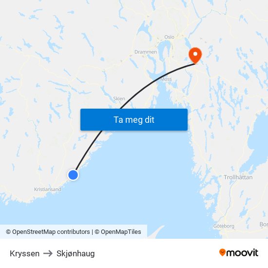 Kryssen to Skjønhaug map