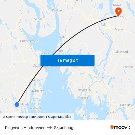 Ringveien Hinderveien to Skjønhaug map