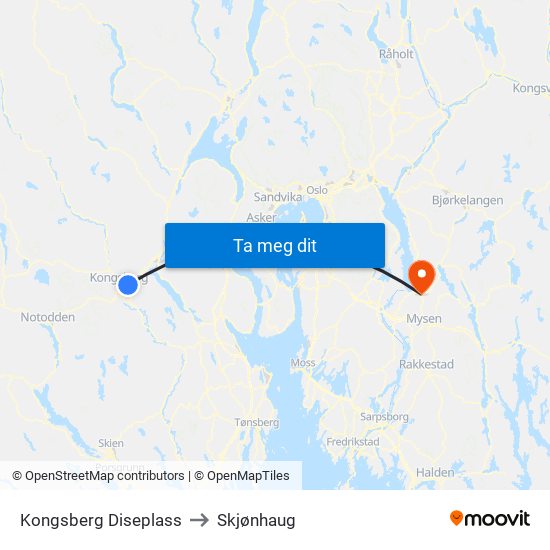 Kongsberg Diseplass to Skjønhaug map